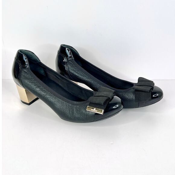 Hogan Size 5 Leather Pump Gold Tone Metallic Block Heel, Fabric Bow Metal Edges - Picture 3 of 15
